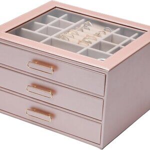 Jewelry Box for Women, Glass Lid Jewelry Organizer with 3 Drawers for Necklaces